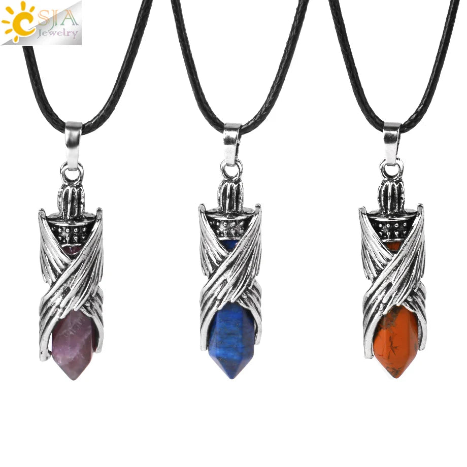 CSJA Cheap Angel Wings Healing Chakra Crystal Scalar Energy Natural Amethyst Hexagonal Point Stone Pendant Necklaces H113