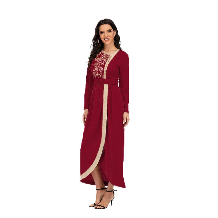 Plain Color Lace Embroidery Decoration Front Slit Back Zipper Elegant Muslim Woman Evening Dress