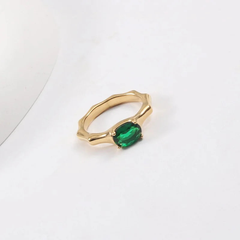 High End 18K Plain Gold Green Zirconia Bamboo Rings Stainless Steel Trendy Simple Gold Plated Jewelry