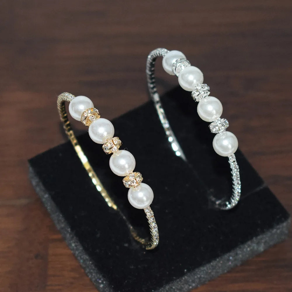Personality Fashion Jewelry Pearl Cuff Bracelet Women Crystal Gold Handcuff Open Bracelet for Girls