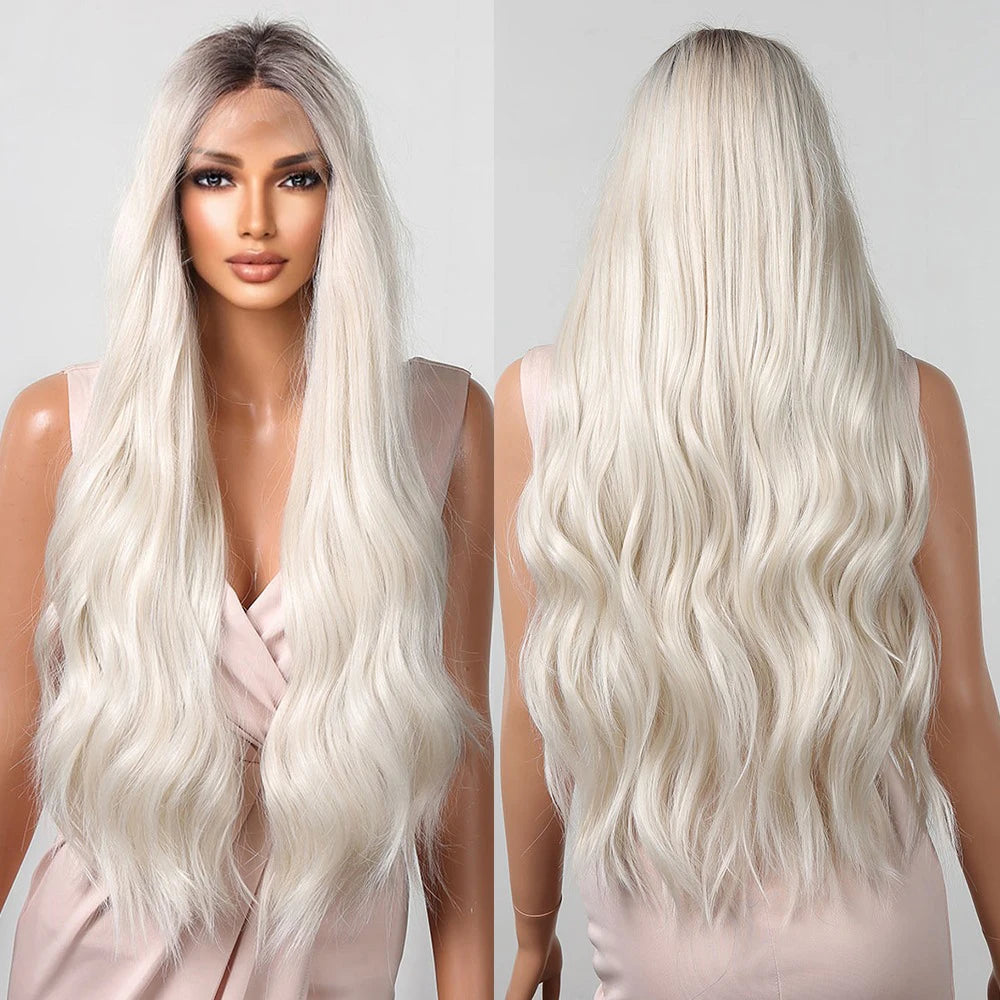 Japan Fiber Long Curly Synthetic Lace Wig Platinum White Natural Wave Futural Wig with Dark Roots for Women Heat Resistant La