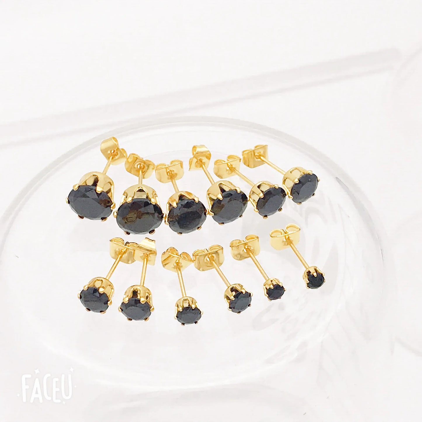 3mm to 8mm Small No Tarnish Fade 18k Gold Plated Round Black Zircon Stud Earrings 316l Stainless Steel Stud Earrings for Wome