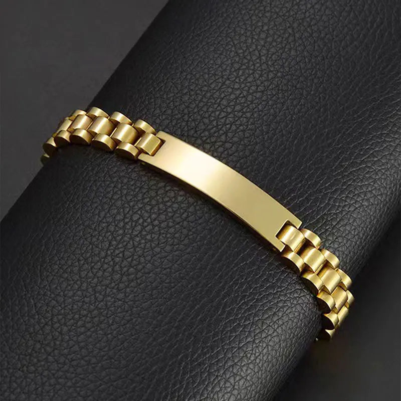 Trendy 18K Gold Plated Stainless Steel Three Beads Watch Band Strap Couple Jewelry Sets Men's Stainless Steel Bangle Bracelet