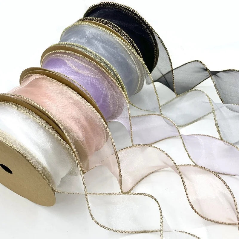Wholesale 4cm Organza Ribbon Chiffon Ribbon with Golden Edge for Gift Wrapping DIY Crafts Bouquet Garland Baking Decoration