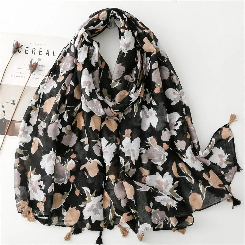 Supplier Newest Design Elegant Flower Printed Tassels Long Large Shawls Fashion Women Autumn Outer Wear Thin Black Scarves