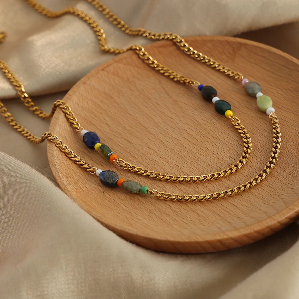Retro Bohemian Colorful Natural Stone Choker Necklace Stainless Steel Gold Plated Necklace Accessories Women Hypoallergenic