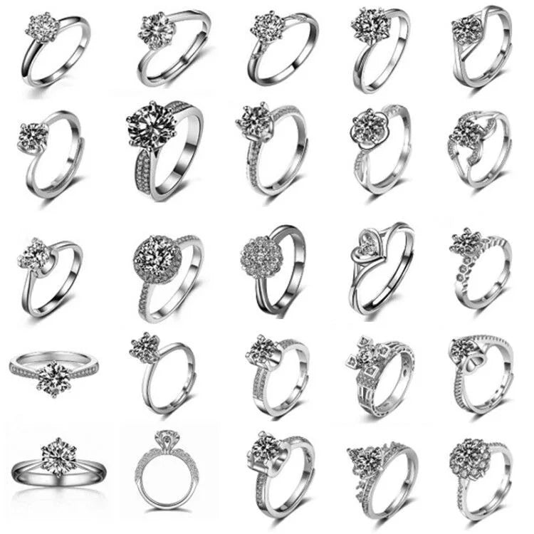 Women Silver Plated Diamond Wedding Ring Moissanite Adjustable Rings Six Claws Rings