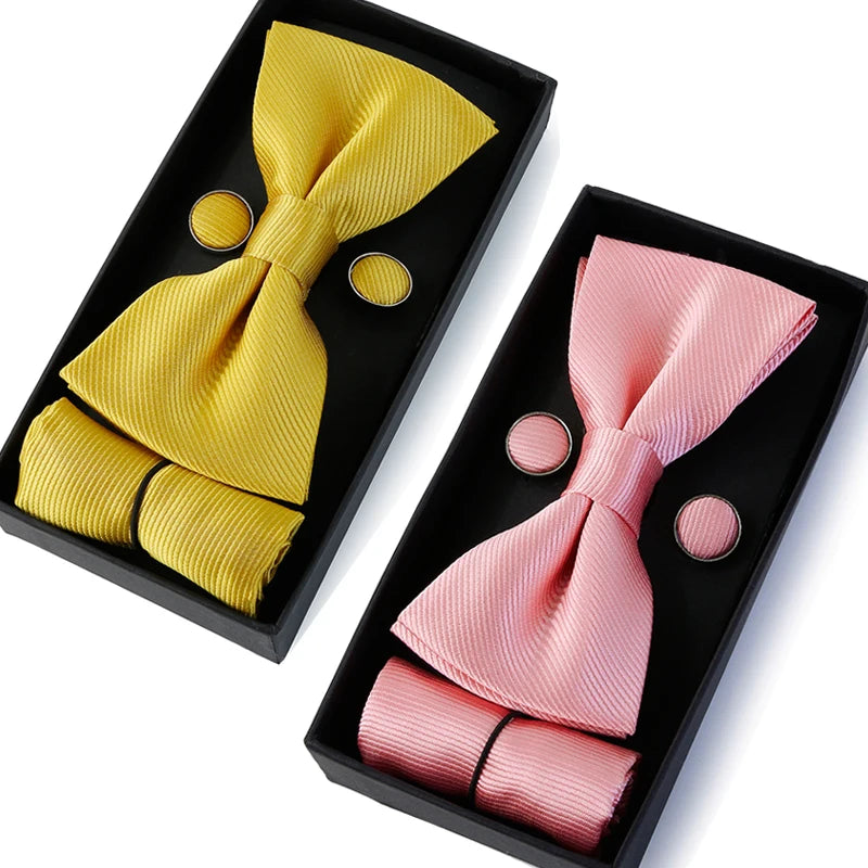 Gold Luxury Mens Bow Ties Gift Set Fashion Butterfly Handkerchief Cufflinks for Party Wedding Male Collar Bowtie Cravat Box S