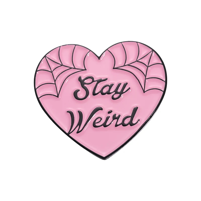 Pink Love Stay Weird Text Enamel Brooch Punk Style Spider Web Backpack Badge Gift for Friends Clothing Accessories Jewelry