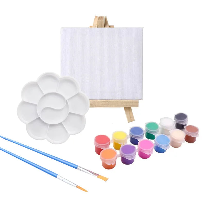 BESTLINE 17PCS Mini White Cotton Canvas Painting Set Custom Sizes Small Canvas Easel Includes Acrylic Paint Paintbrush Kids