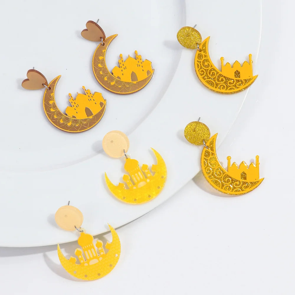 Middle East Hot Selling Casual Accessories Gold Moon Castle Cute Geometric Anniversary Unisex Drop Earrings