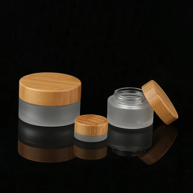 Natural Eco-Friendly Cosmetics Containers Packaging Empty 30g Luxury Skincare Cream Frosted Glass Bamboo Lid Face Cream Jar