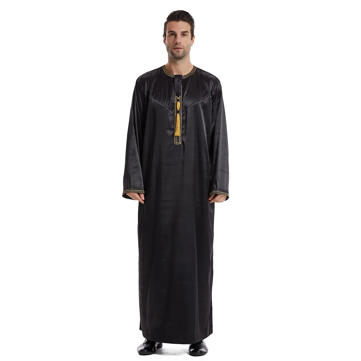 Plain Black White Gray Blue Color O Neck Front Tassel Eid Pray Clothing Arab Robes for Men