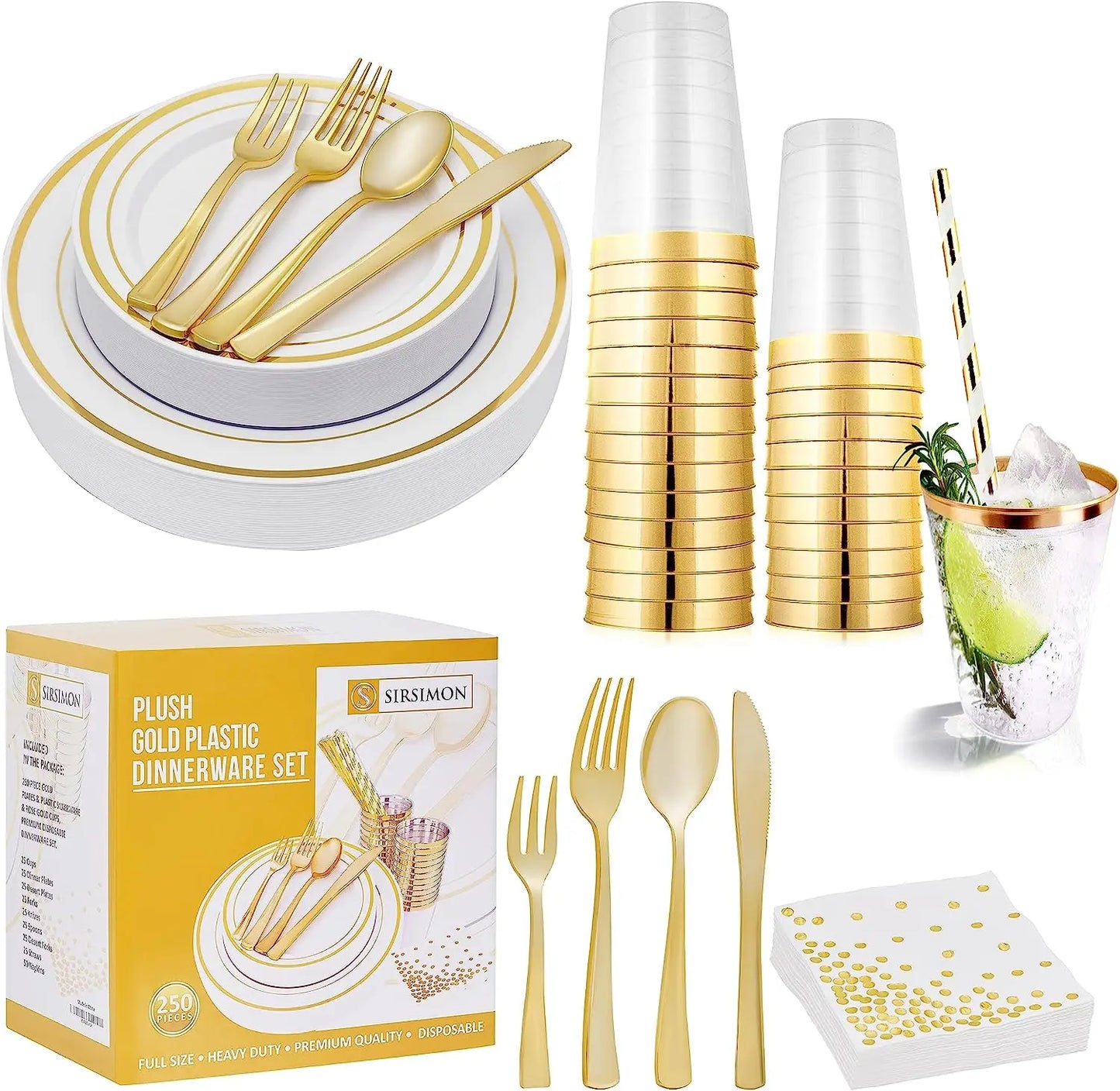 175pcs for 25 People Luxury Modern Gold Rim Disposable Plastic Dishes Plates Dinnerware Set for Weddings Birthday Party Picni