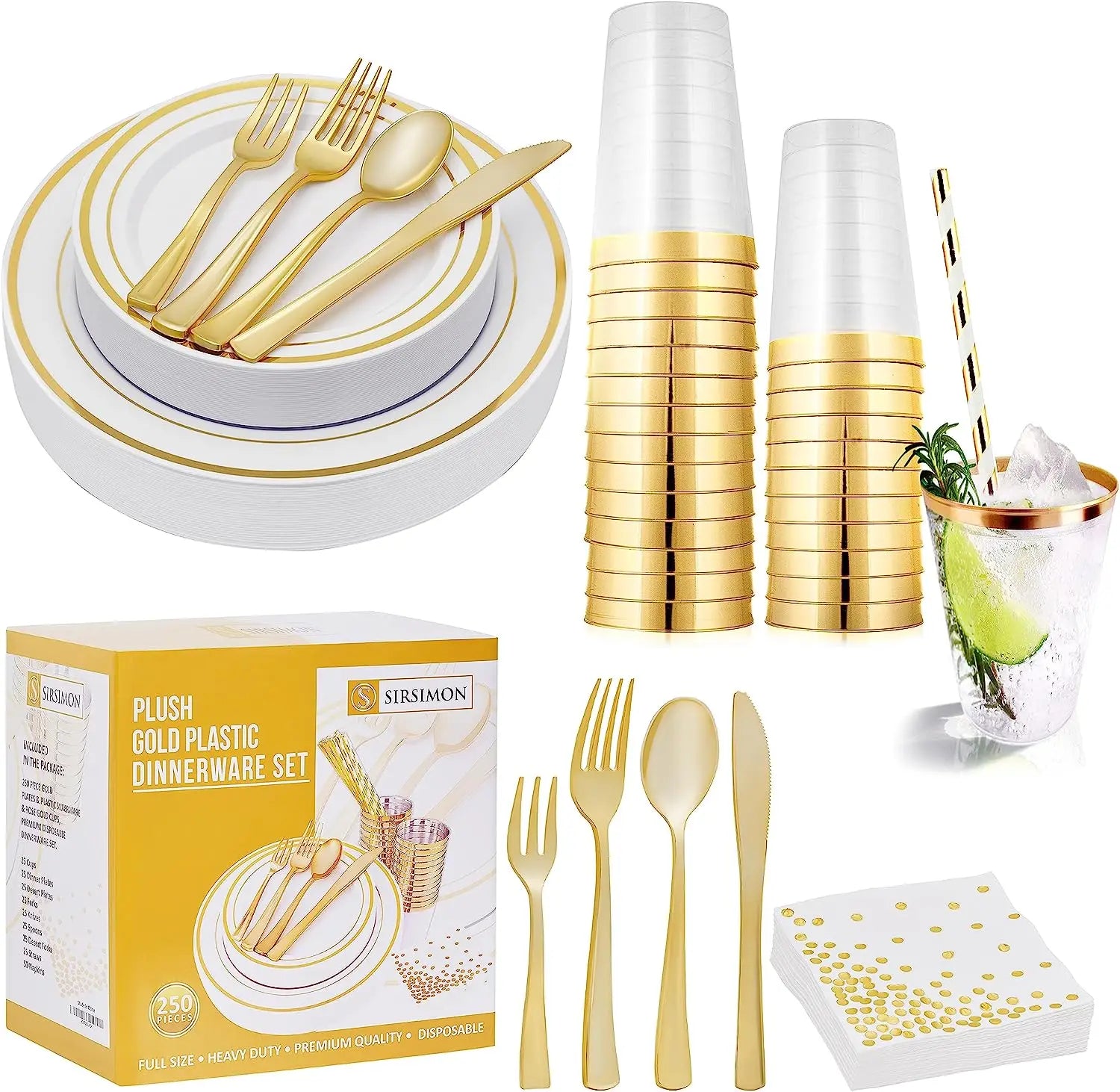 175pcs for 25 People Luxury Modern Gold Rim Disposable Plastic Dishes Plates Dinnerware Set for Weddings Birthday Party Picni