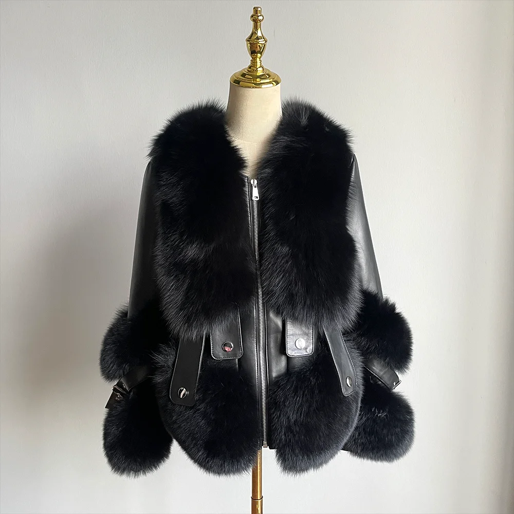 QIUCHEN QC22095 New Winter Casual Luxury Women's Genuine Leather Real Fox Fur Coat