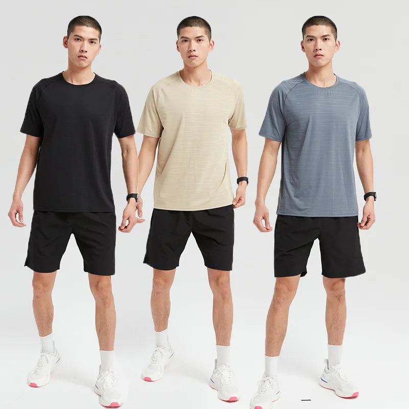 Men T Shirts Gym Tops Sport Fitness Shirt and Shorts Set Crew Neck Quick Dry Short Sleeve Tops 2 Piece Tracksuit Active Wear