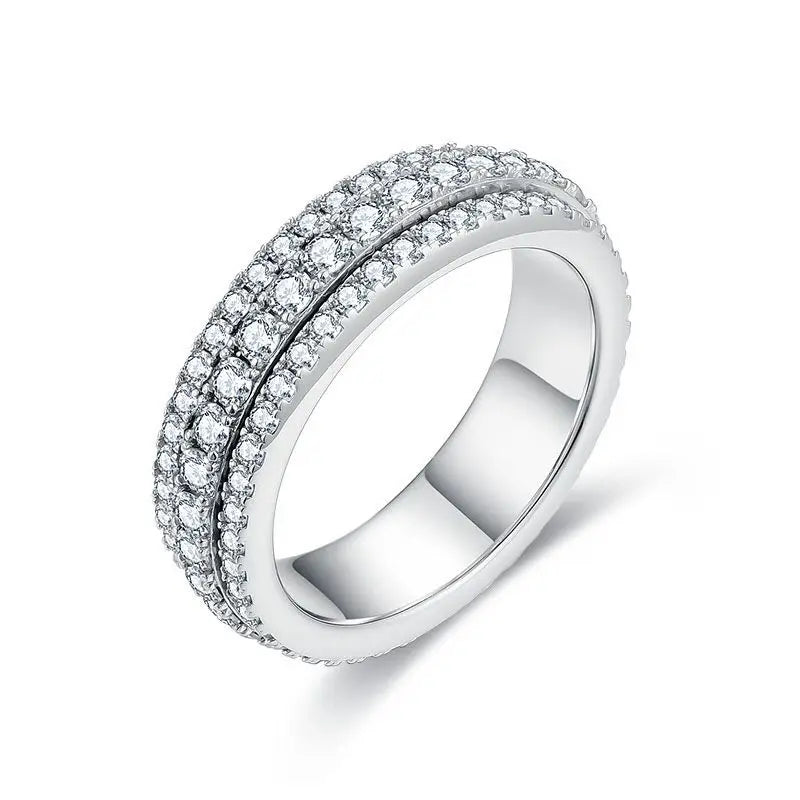Classic 925 Silver Stainless Steel Moissanite Full Diamond Inlay Engagement Party Ring Rotating Finger Ring for Anniversary