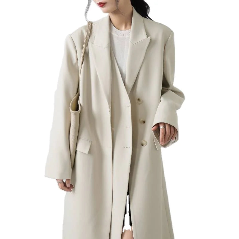 Customized Women's Long Sleeve Oversized Trench Coat Autumn Turn Collar Double Breasted Polyester Lining Nonwoven Weaving Met