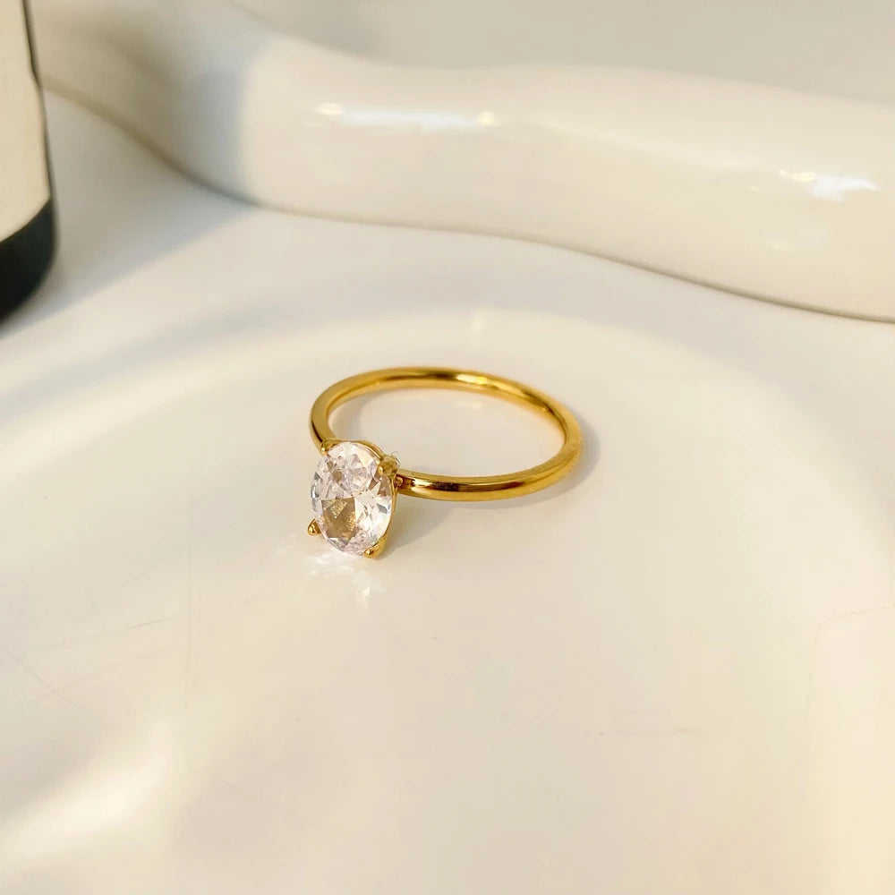 Fashion Jewelry  Goose Egg Shaped Zircon Ring Stainless Steel Electroplated 18k Gold Fine Ring