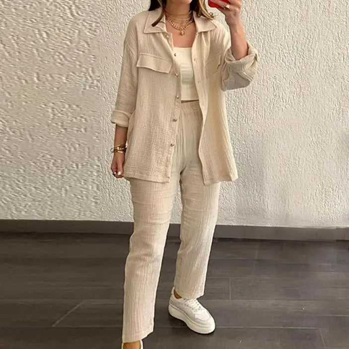 New Double Layered Crepe Loose Large Lapel Long Sleeved Shirt Casual Set S-2XL