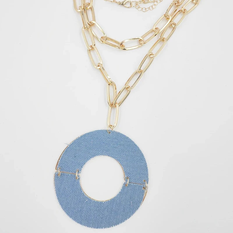 Wholesale Light Blue Denim Donut Shape Pendant Necklace Two Layer Gold Link Chain Choker Necklace for Women Fashion Jewelry