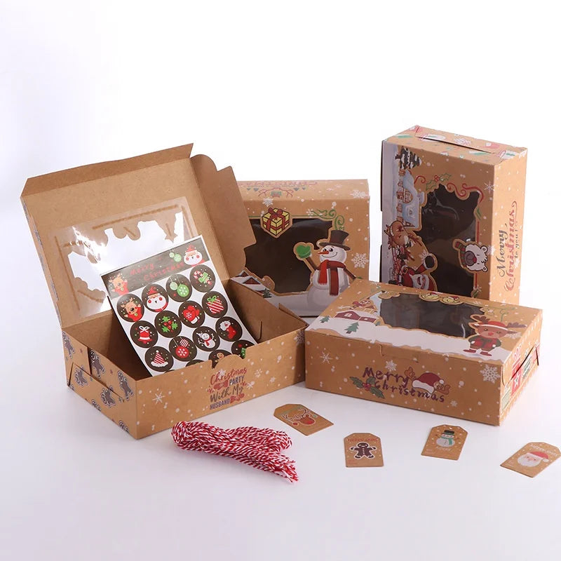 Christmas Gift Box 1 Set of 4 Types Pattern Printed Dessert  Packaging Kraft Paper Takeout Packaging Box With Transparent Win