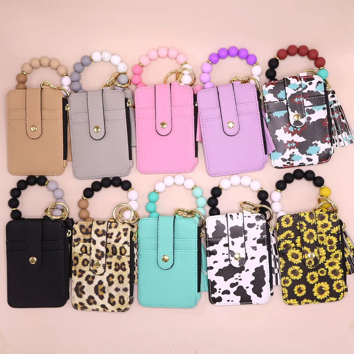 Silicone Beads Stretch Bangle PU Tassel Purse Key Chain Leopard Card Holder Credit Cards Keychain Wallet