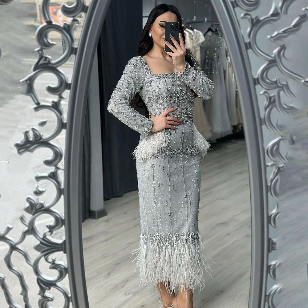 Serene Hill LA71669L Grey Long Sleeves Mermaid  Ankle Length Evening Dresses with Feathers Plus Size Party Gowns for Women Rt