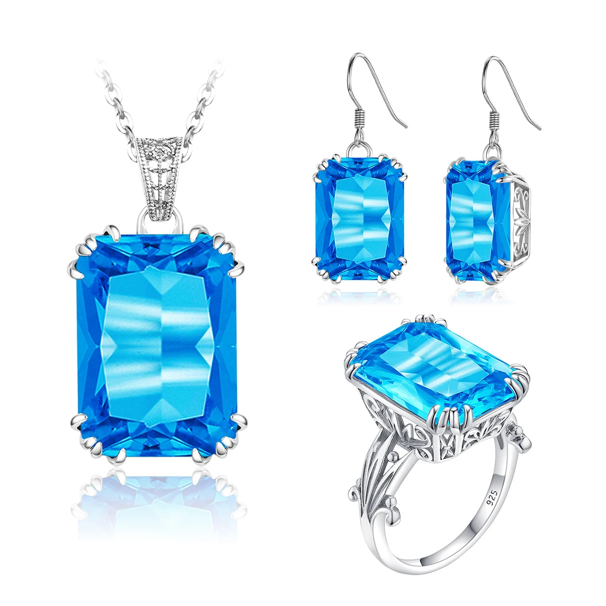 Vintage Victorian Royal Necklace Jewelry Sets Banquet Exquisite Filigree London Blue Topaz Silver 925 Fine Set Jewelry Female