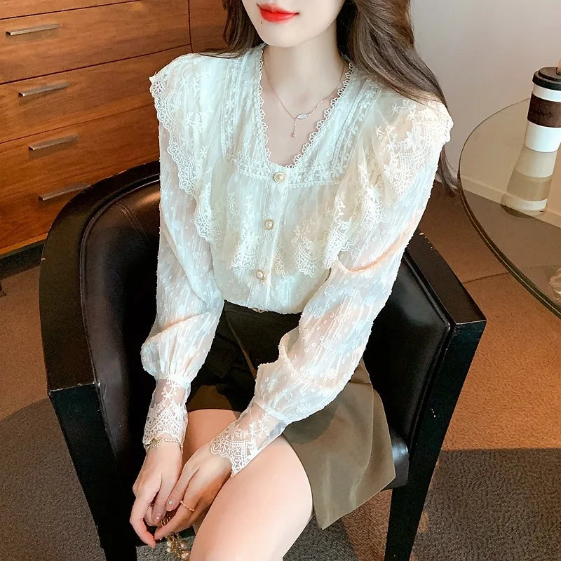 Summer Long Sleeve Lace V-Neck Blouse Women Blusas Mujer De Moda 2024 Verano Women Tops Blouses Shirts 9924#