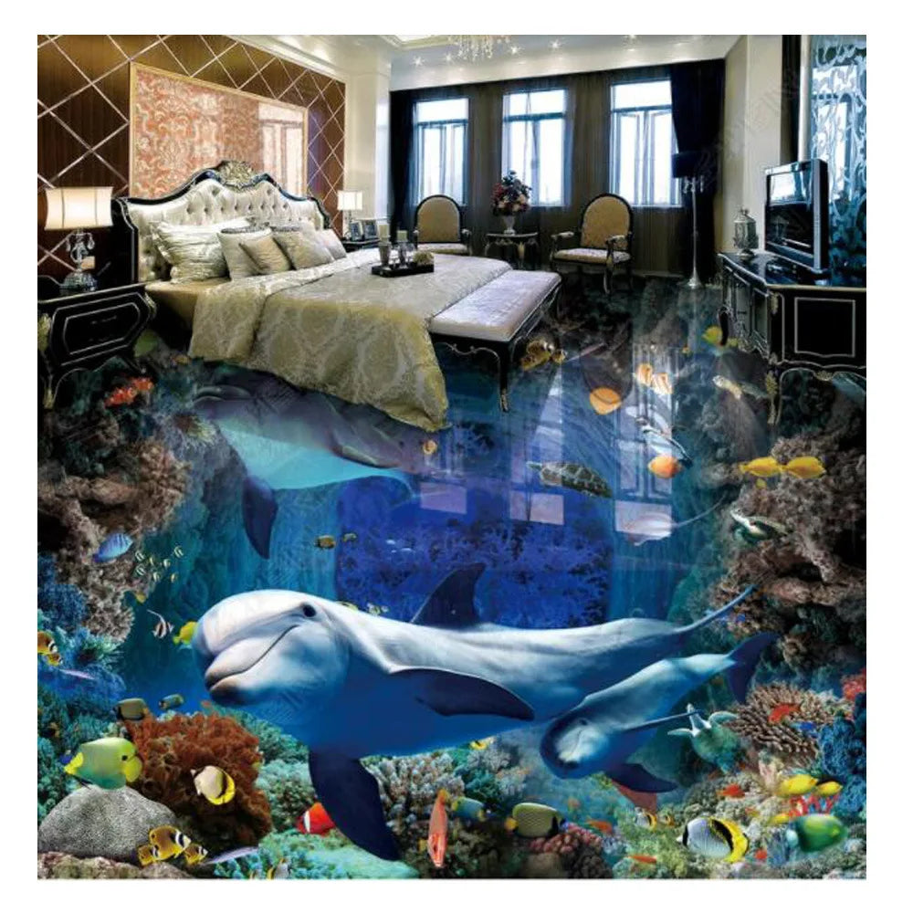 3D Dolphin & Ocean World PVC  Bathroom Floor Sticker Waterproof and Moisture-Proof Epoxy Flooring Wallpaper