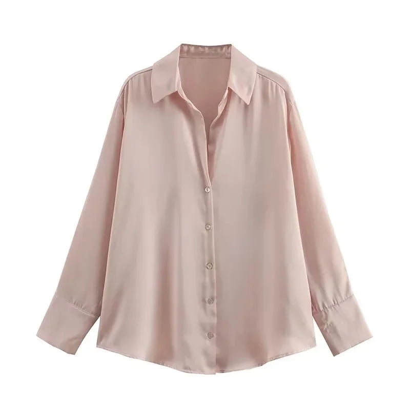 New Long Sleeved Top Versatile European and American Satin Long Sleeved Shirt XS-L Autumn Shirt