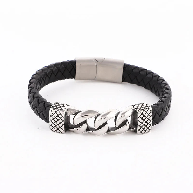 Personalized Magnetic Clasp Bangle Bracelet Stainless Steel Chain Leather Bracelet Braided Leather Bracelet for Men
