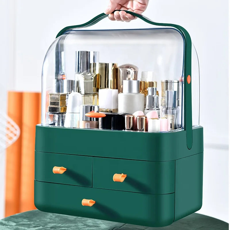 Makeup Storage Box Countertop Organizer Fully Open Waterproof Cover Portable