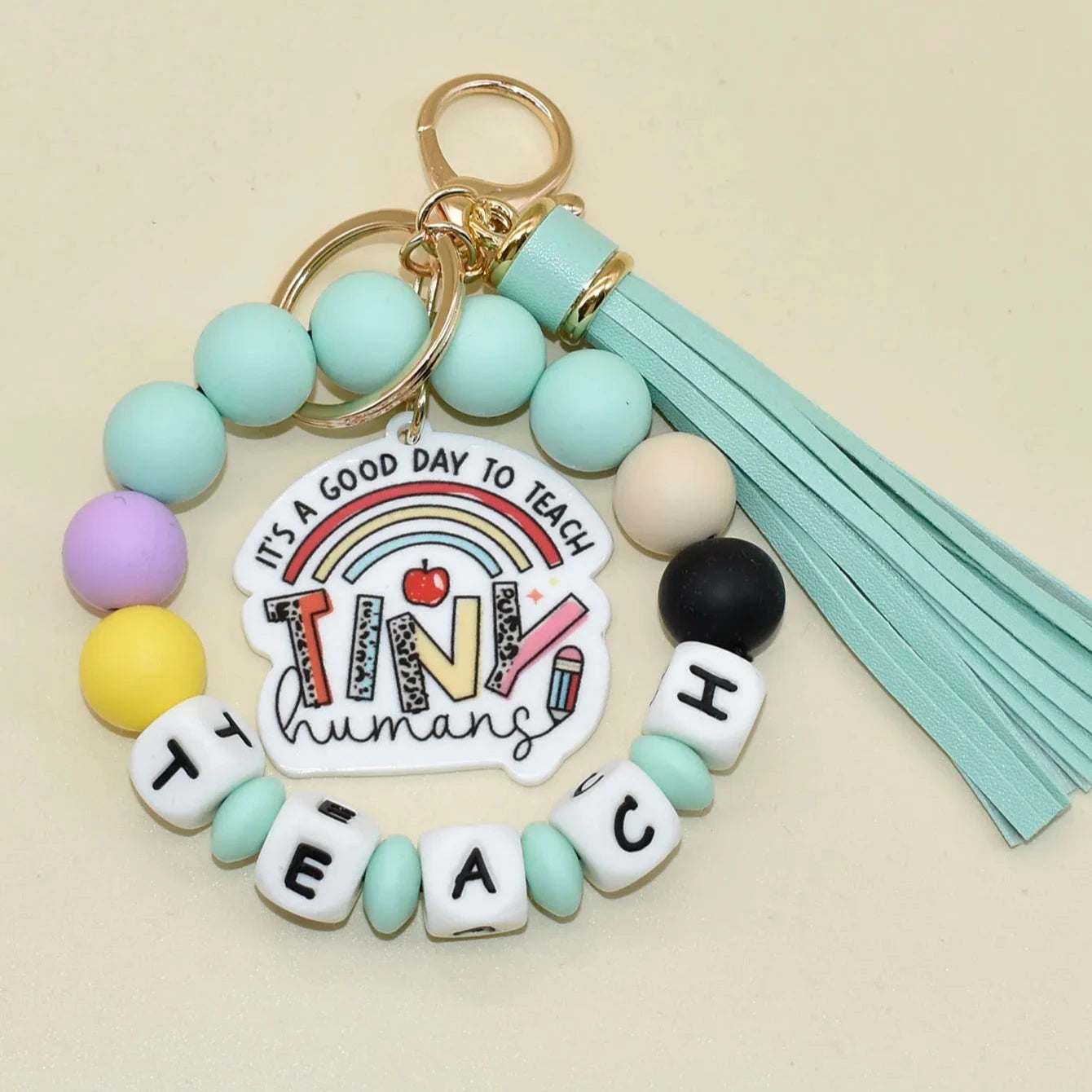 Mint Green Silicone Beads TEACH Words Bangle With Tiny Disc Charm Tassel Keychain Teacher's Gifts