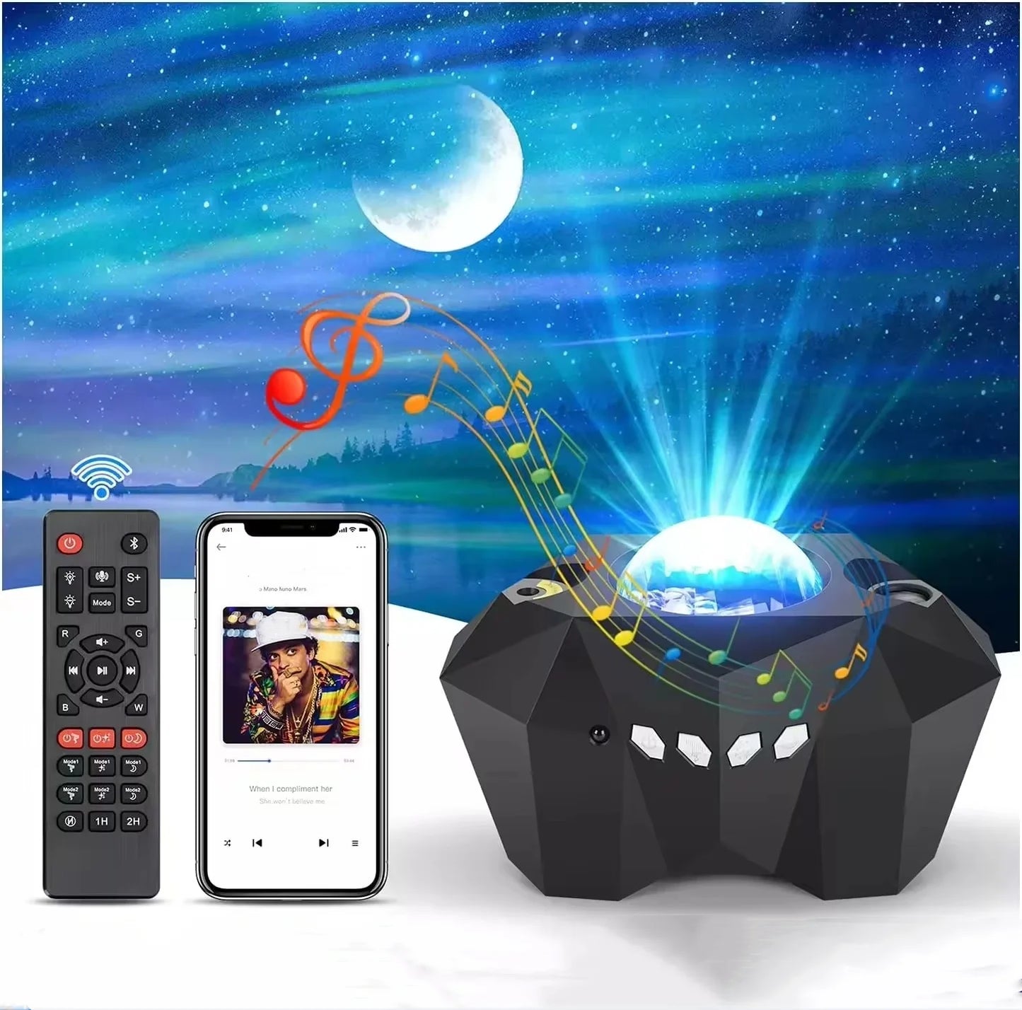 Best Selling Romantic Aurora Moon Star LED USB Modern Projection Lamp with Remote Control Music Night Light