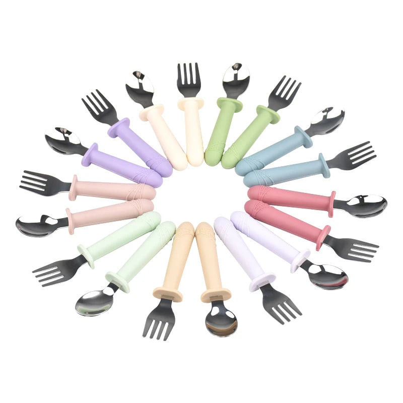 OEM Custom Wholesale Small Wooden Baby Fork and Silicone Spoon Set High Quality Infant Training Plate Bib for Kids Dining