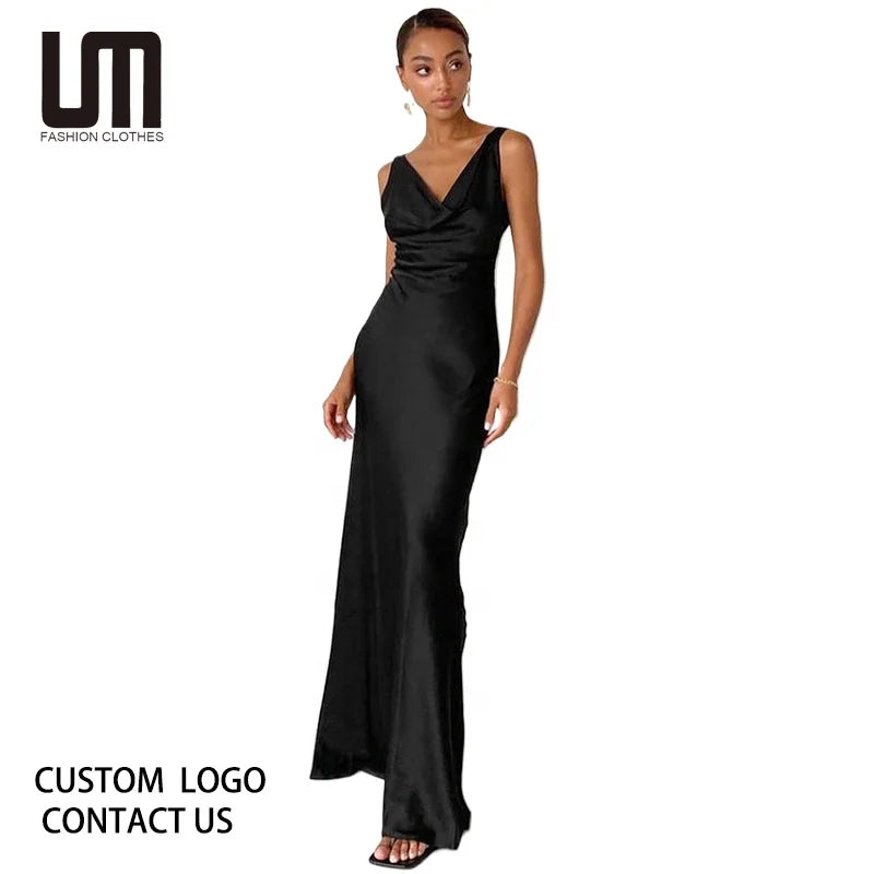 Liu Ming Fashionable Summer Women Elegant V Neck Black Satin High Waist Evening Long Dress