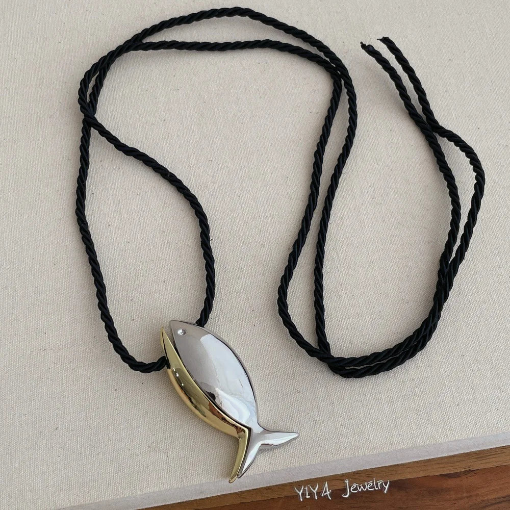 Maiou Designer Elegant Cute Gold and Silver Mixed Fish Pendant Necklace Black Rope Cord Necklace Jewelry for Women