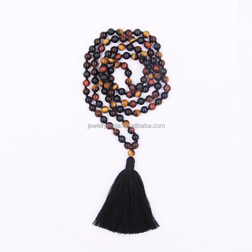 Handmade Black Tassel Natural Three Colors Quartz Beads Beaded Bracelet Mala 108 Necklace