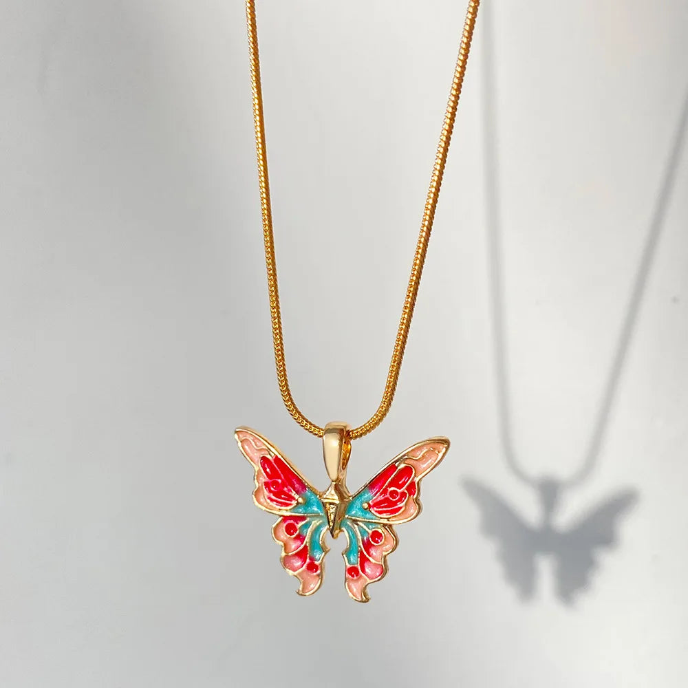 Fashion Personality Colorful Crystal Alloy Drip Oil Enamel Butterfly Pendent Necklace for Women 2023 Hot Sale