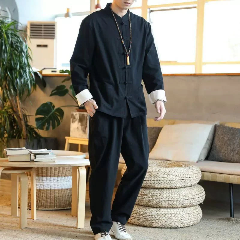 M-5XL Men's Cotton Linen Kung Fu Suit Chinese Martial Arts Uniform Meditation Suit Roll-Up Sleeve Frog Button Shirt Pants Out