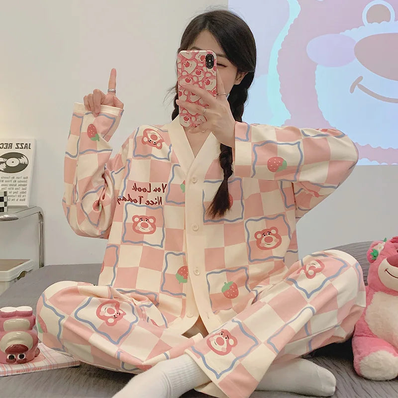 Hot Sale Cute Soft Comfortable 2 Pcs Pajamas Set Women Long Sleeve Fashion Hot Women Sleepwear for Home Outdoor Spring Autumn