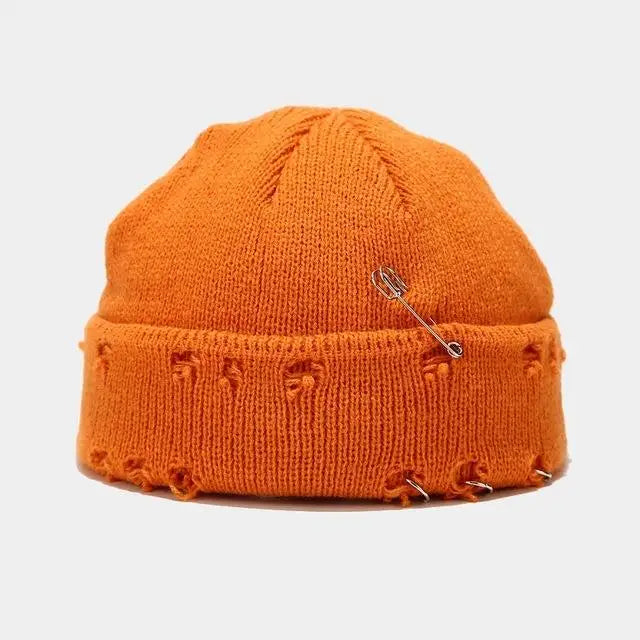 New Gothic Distressed Beanie Winter Warm Knit Hats Trendy Metal Rings Pin Hip Hop  Skull Cap