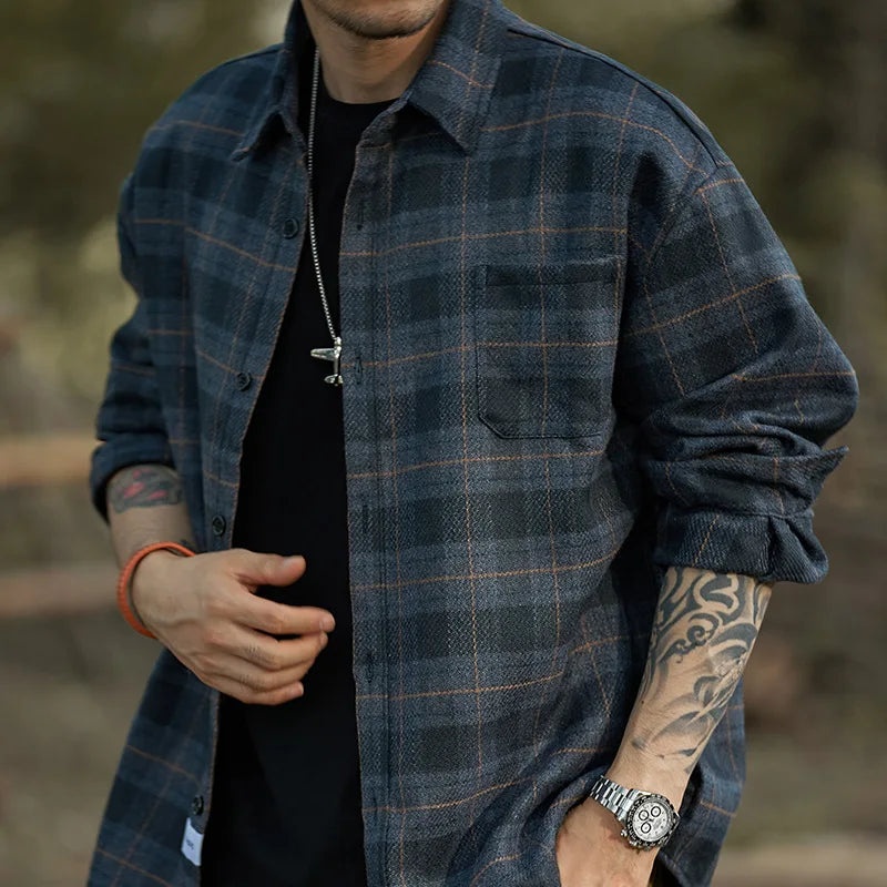 American Retro Checkered Microsand Shirt for Men Kaji Heavy Duty Workwear for Men Thickened and Warm Outer Shirt for Men