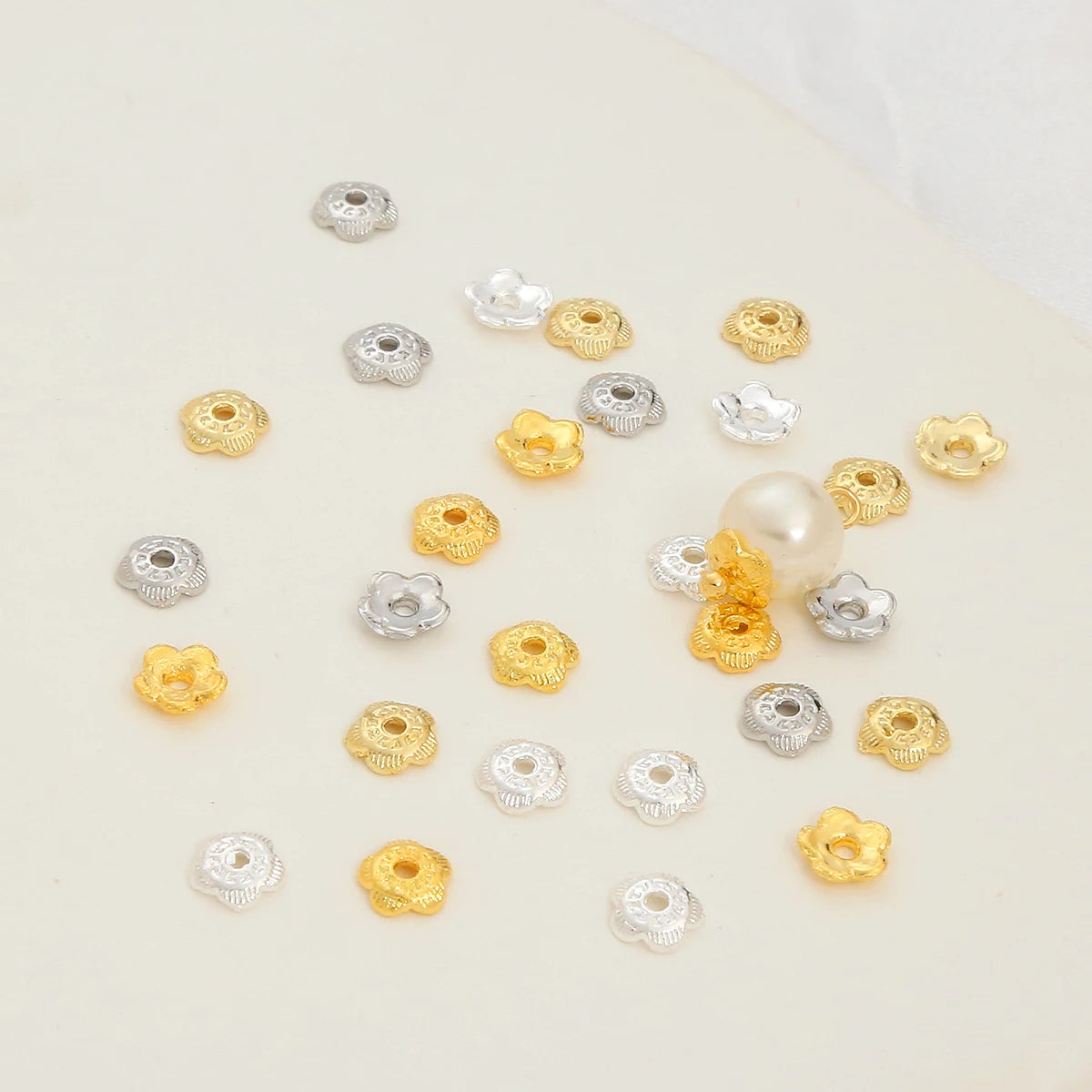 DIY Accessories 18K Gold Plated Strongly Preserve Color Bead Caps 6mm Flower Hat Pearl Base Pedestal Five Leaf Pattern