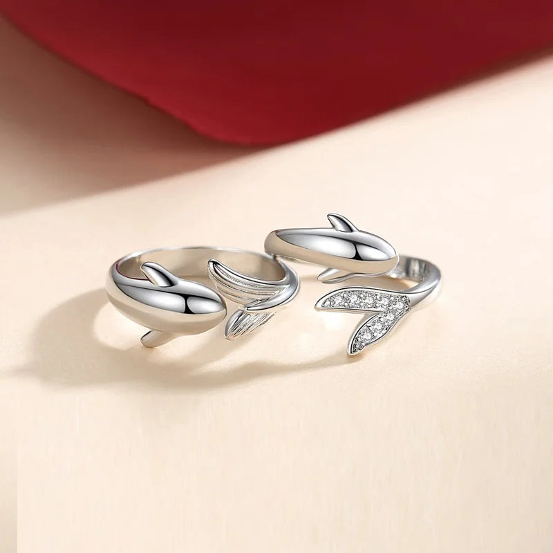 Romantic Silver Plated Couple Ring for Wedding Jewelry Dolphin Design Ring Valentine's Day Gift Fish Tail Open Adjustable Rin