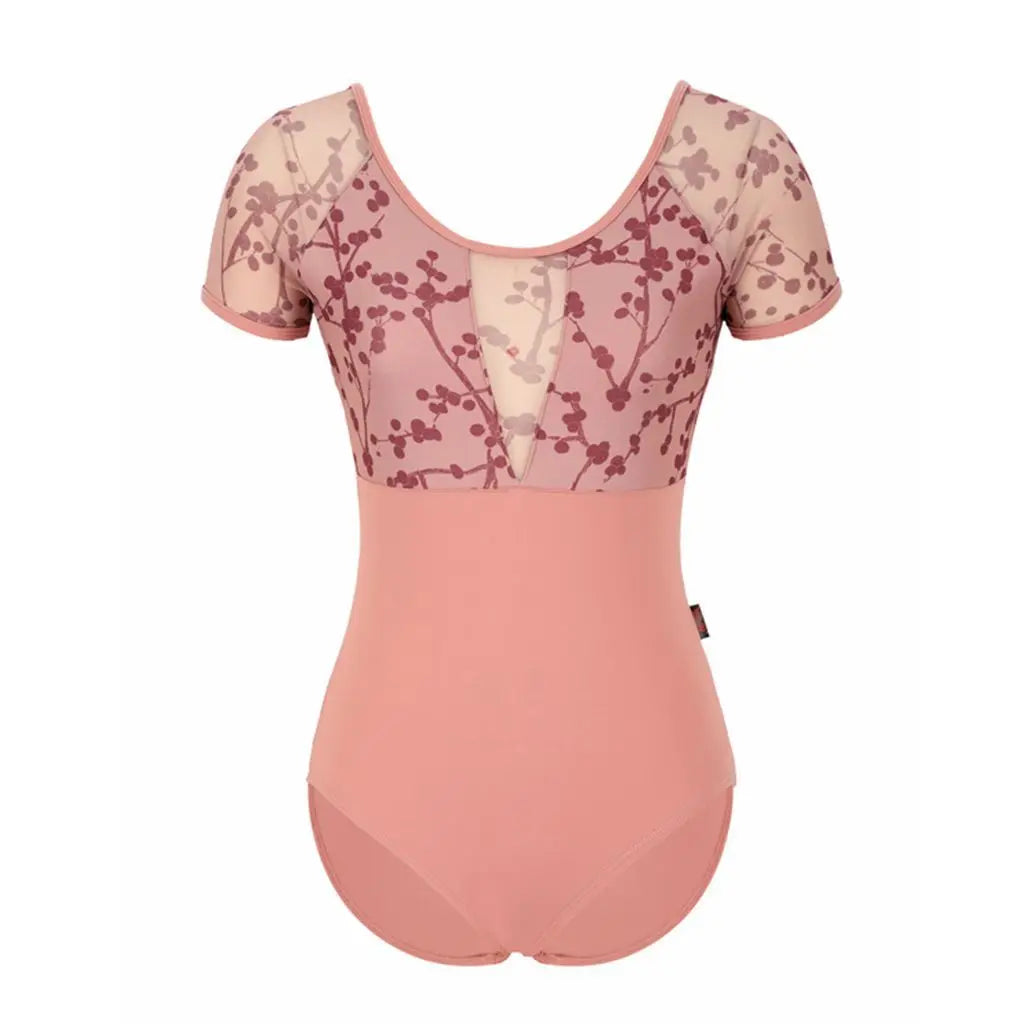 Women Ballet Dance Leotards Short Sleeve Mesh Floral Backless Bodysuit for Gymnastics