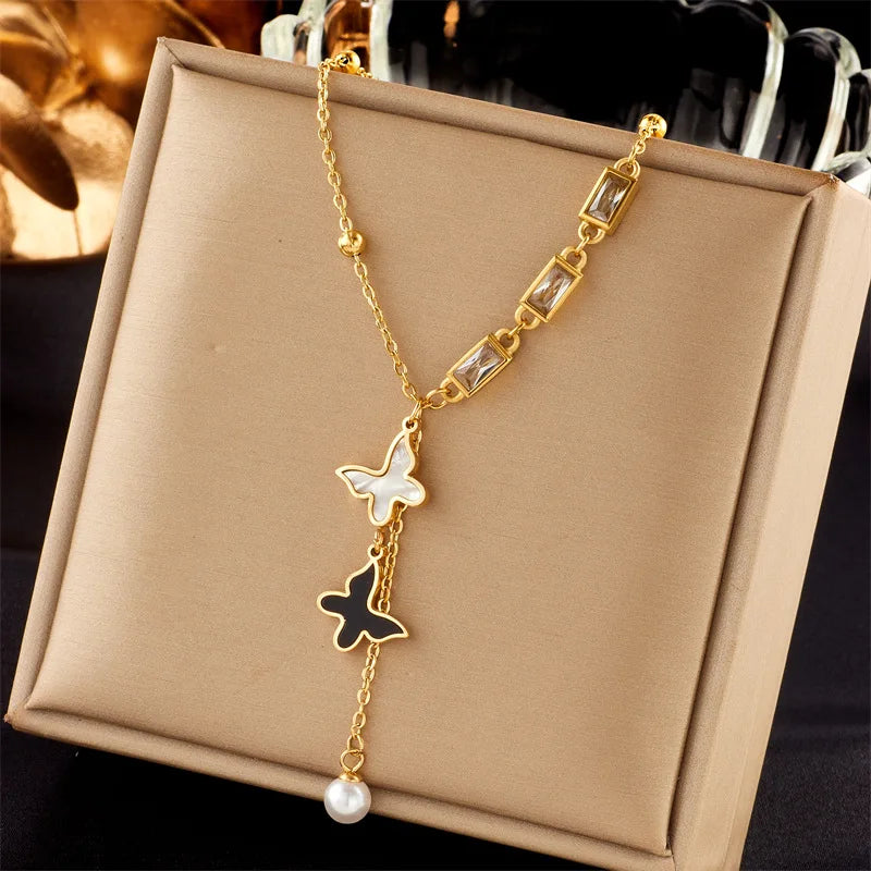 Tarnish Free 18k Gold Plated Stainless Steel Pearl Butterfly Pendant Necklace Women Jewelry